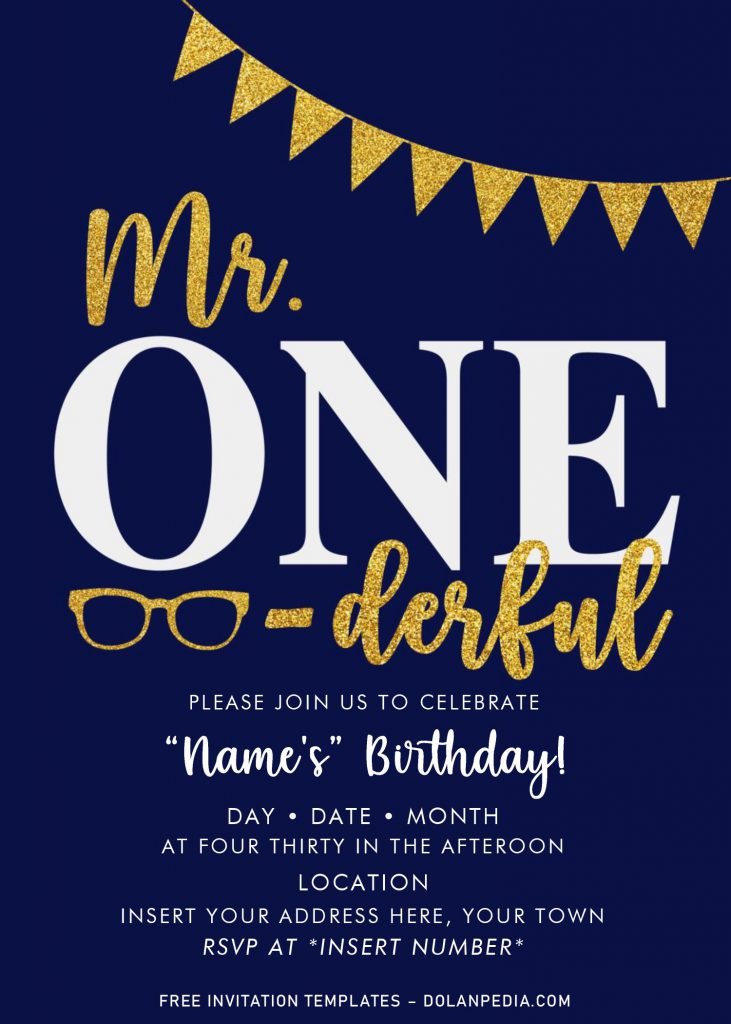 Free Mr. Onederful Birthday Party Invitation Templates For Word and has gold eyeglasses