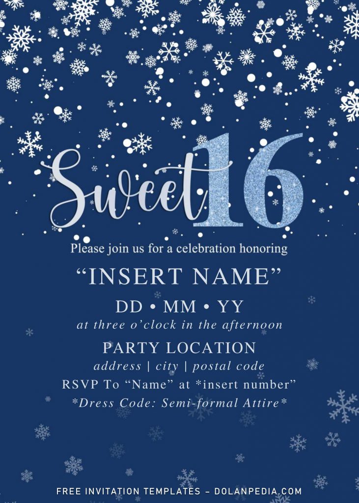 Free Winter Sweet Sixteen Birthday Invitation Templates For Word and has custom white snowflakes border