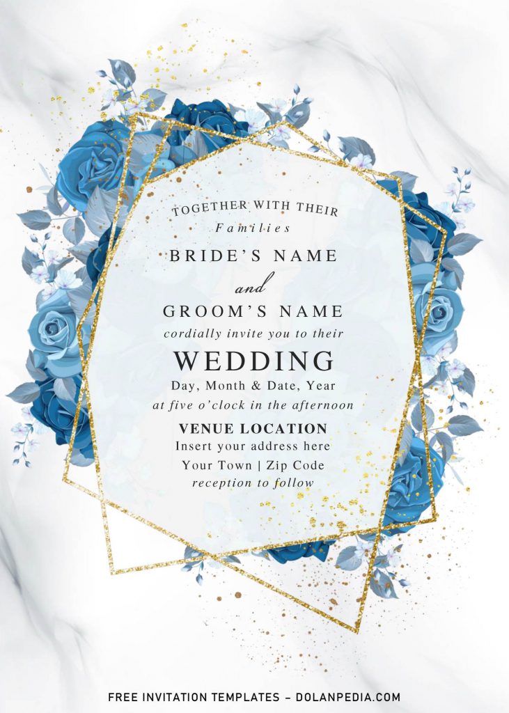 Free Blue Floral And Gold Geometric Wedding Invitation Templates For Word and has blue roses