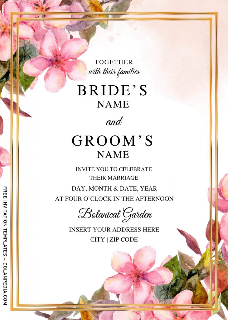 Free Peach Flower Wedding Invitation Templates For Word and has Gold text frame border