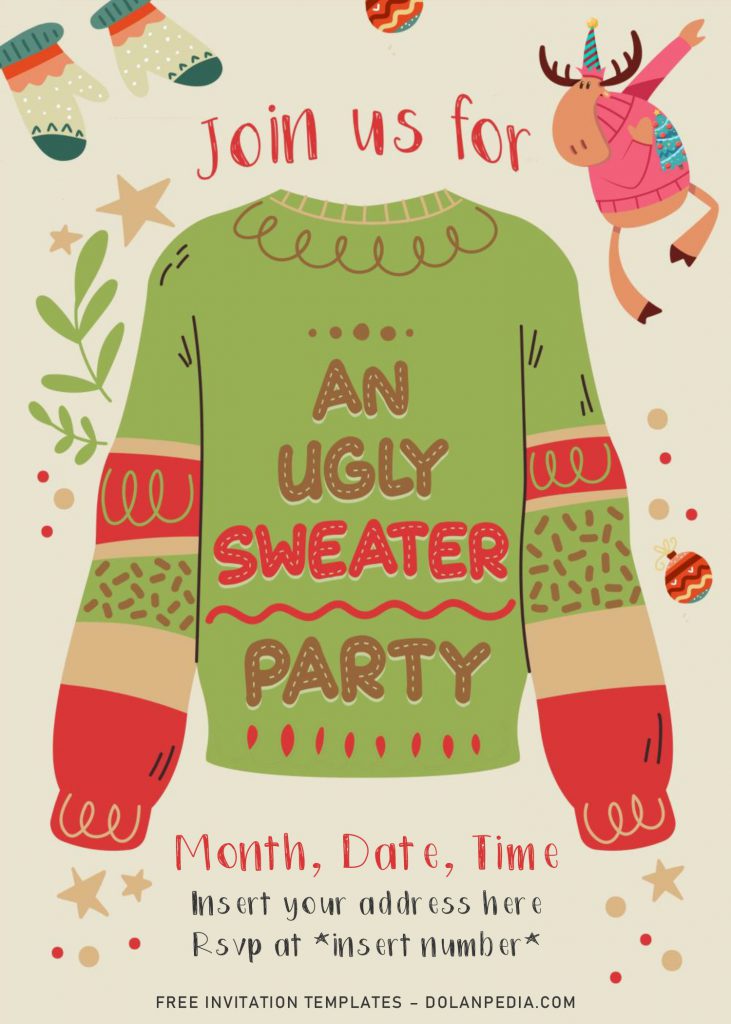 Free Christmas Ugly Sweater Drive By Birthday Party Invitation Templates For Word and has tan background and dabbing animals