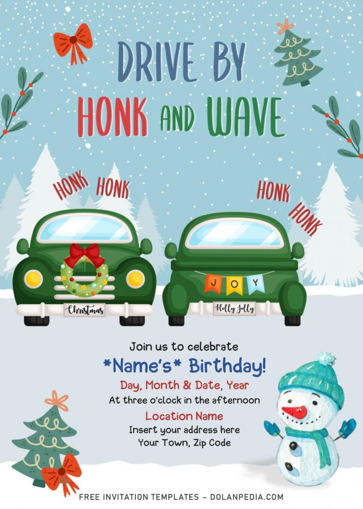 Free Winter Vintage Truck Drive By Birthday Party Invitation Templates For Word and has adorable snowman and evergreen trees