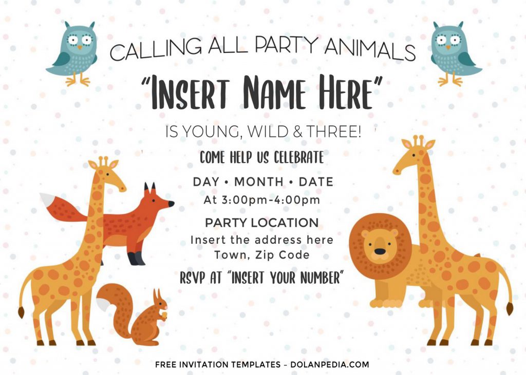 Free Cute Party Animals Birthday Invitation Templates For Word and has baby giraffe and fox
