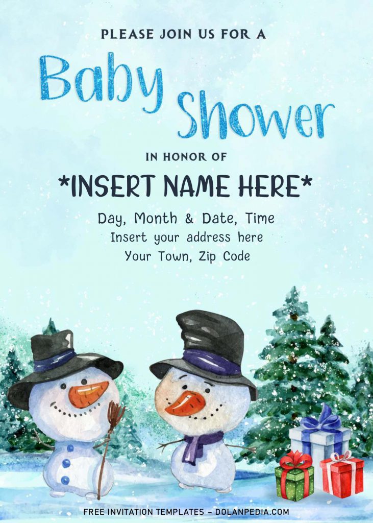 Free Winter Baby Shower Invitation Templates For Word and has Snow in the forest background