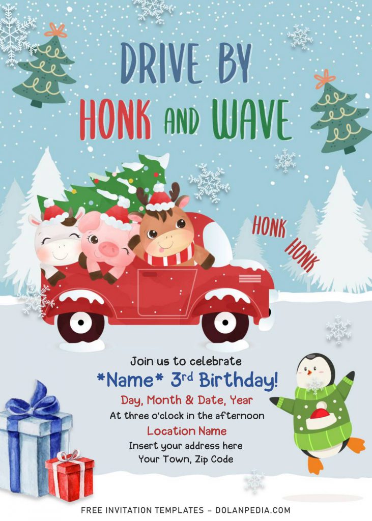 Free Winter Vintage Truck Drive By Birthday Party Invitation Templates For Word and has vintage red truck with Christmas tree on the trunk
