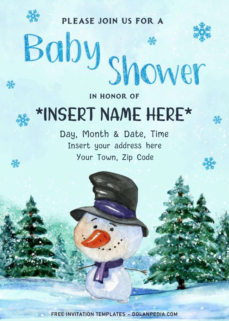 Free Winter Baby Shower Invitation Templates For Word and has watercolor snowman wearing hat and scarf