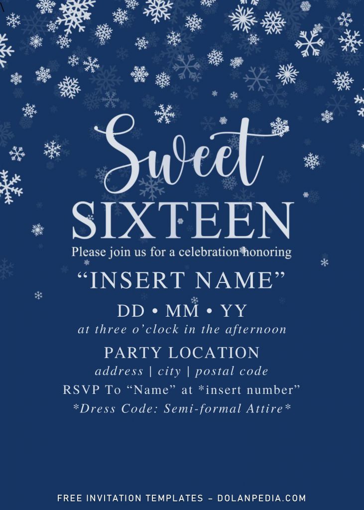 Free Winter Sweet Sixteen Birthday Invitation Templates For Word and has sparkling white snowflakes