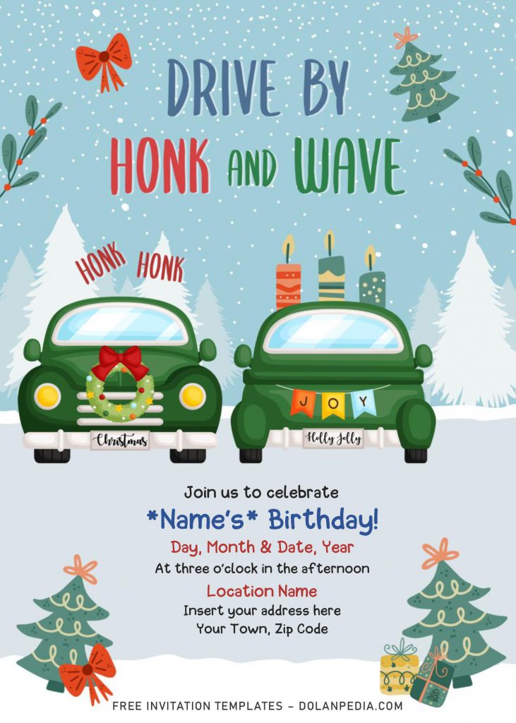 Free Winter Vintage Truck Drive By Birthday Party Invitation Templates For Word and has classic old car in watercolor