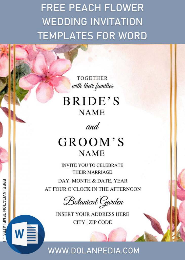 Free Peach Flower Wedding Invitation Templates For Word