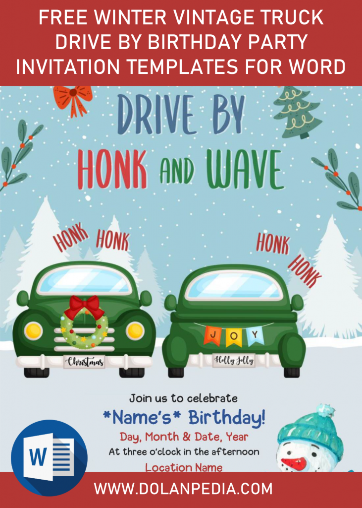 Free Winter Vintage Truck Drive By Birthday Party Invitation Templates For Word