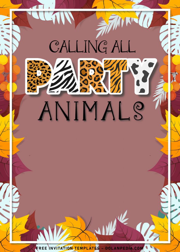 10+ Party Animals Birthday Invitation Templates For Your Birthday Party and has monstera and palm leaves