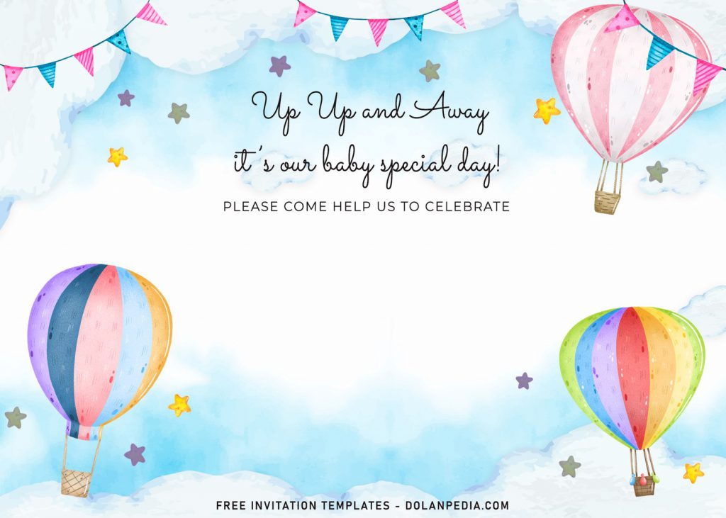 7+ Watercolor Hot Air Balloon Birthday Invitation Templates and has landscape orientation design