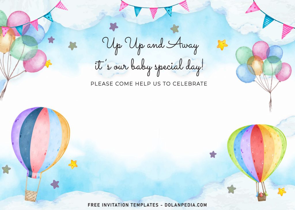 7+ Watercolor Hot Air Balloon Birthday Invitation Templates and has colorful balloons in watercolor