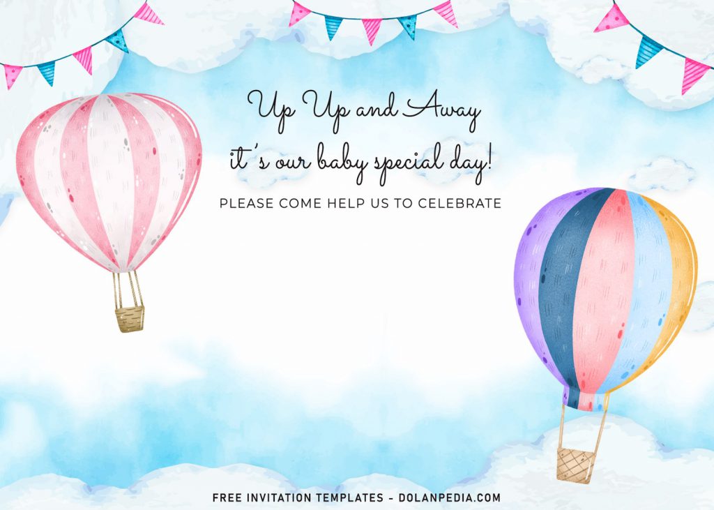7+ Watercolor Hot Air Balloon Birthday Invitation Templates and has beautiful blue sky watercolor background