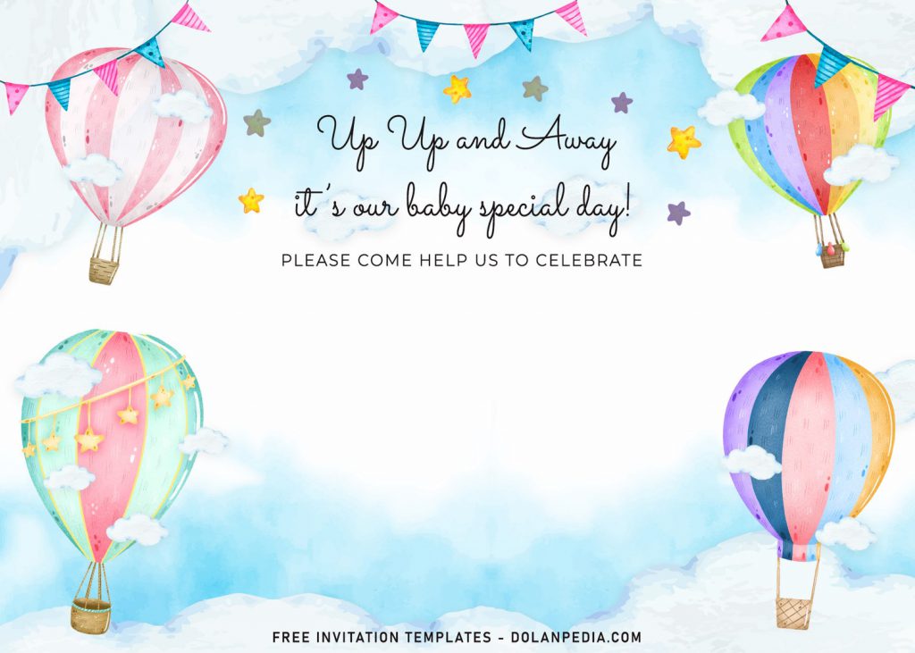 7+ Watercolor Hot Air Balloon Birthday Invitation Templates and has hand drawn clouds 