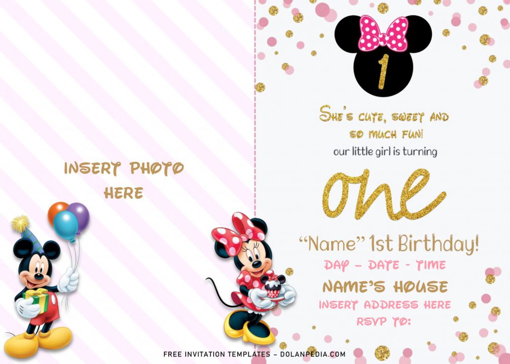 Free Sparkling Gold Glitter Minnie Mouse Birthday Invitation Templates For Word and has cute Minnie Mouse hold a plate of cake and Mickey Mouse holds colorful balloons