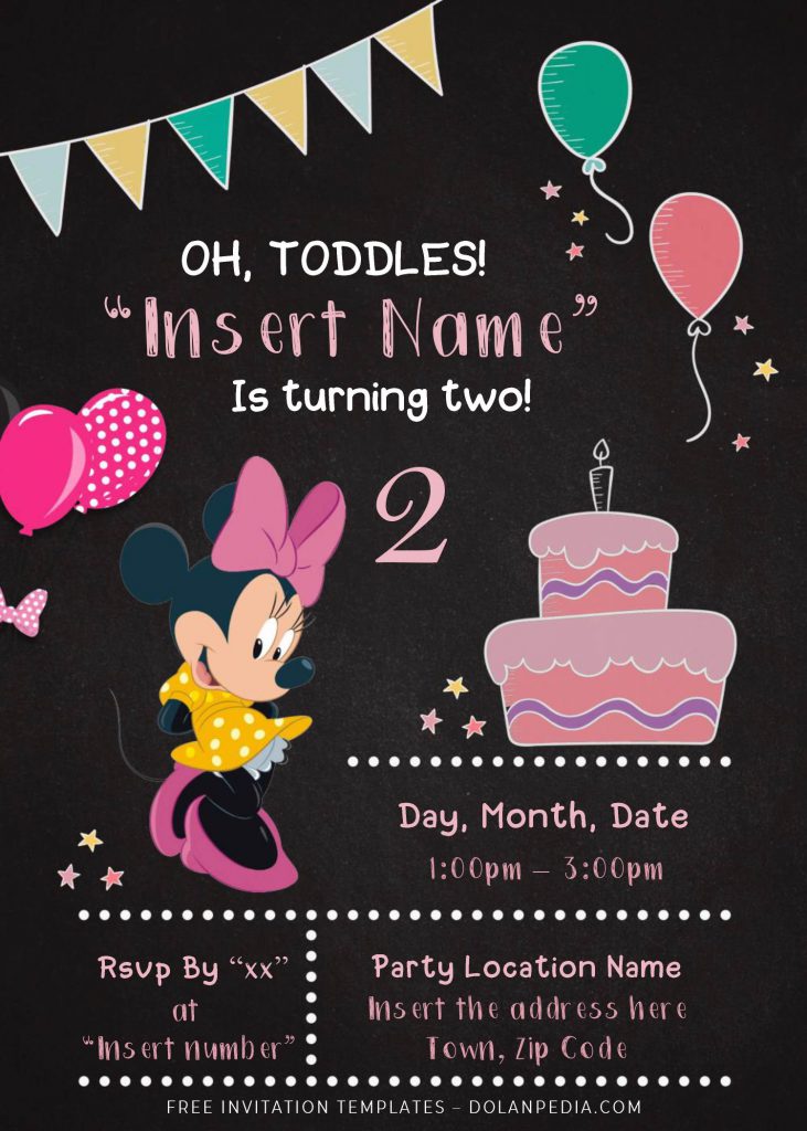 Free Minnie Mouse Chalkboard Birthday Invitation Templates For Word and has adorable birthday cake