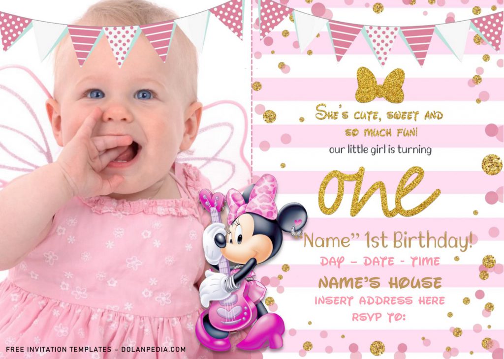 Free Sparkling Gold Glitter Minnie Mouse Birthday Invitation Templates For Word and has Minnie mouse holds a violin