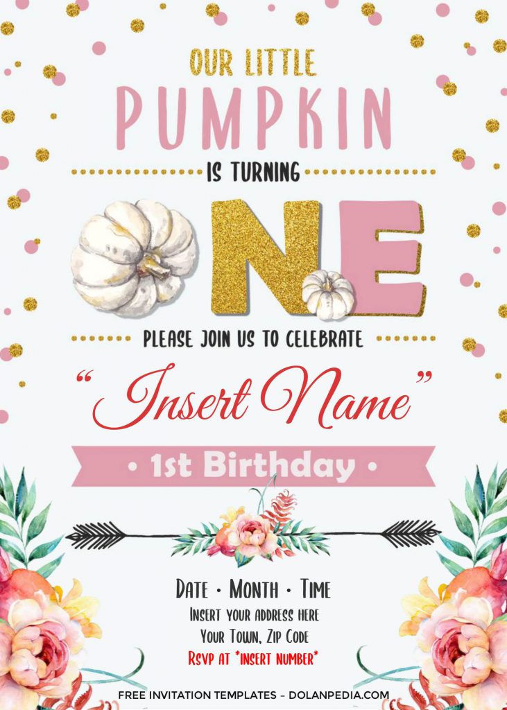 Free Pumpkin First Birthday Invitation Templates For Word and has gold glitter text