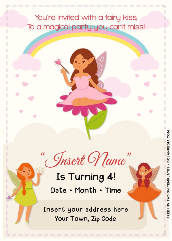 Free Rainbow Magic Fairy Birthday Invitation Templates Ford Word and has fluffy clouds background
