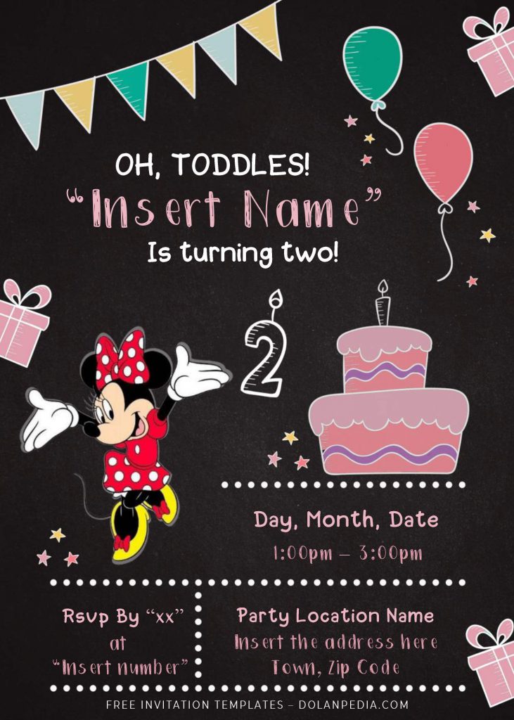 Free Minnie Mouse Chalkboard Birthday Invitation Templates For Word and has portrait orientation card design
