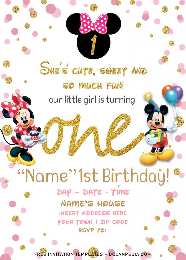 Free Sparkling Gold Glitter Minnie Mouse Birthday Invitation Templates For Word and has portrait orientation card design and solid white background