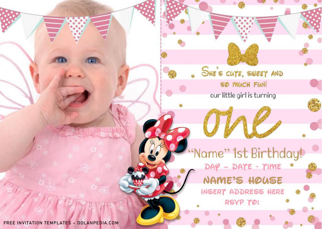 Free Sparkling Gold Glitter Minnie Mouse Birthday Invitation Templates For Word and has cute pink stripes and gold glitter text