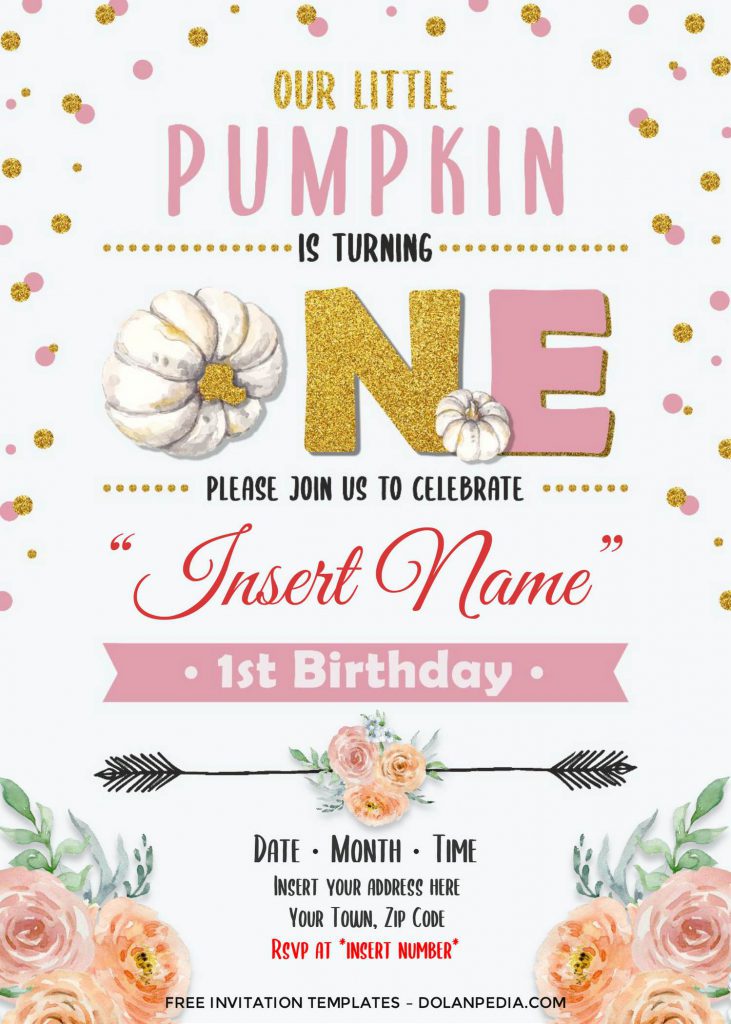 Free Pumpkin First Birthday Invitation Templates For Word and has watercolor blush pink flowers