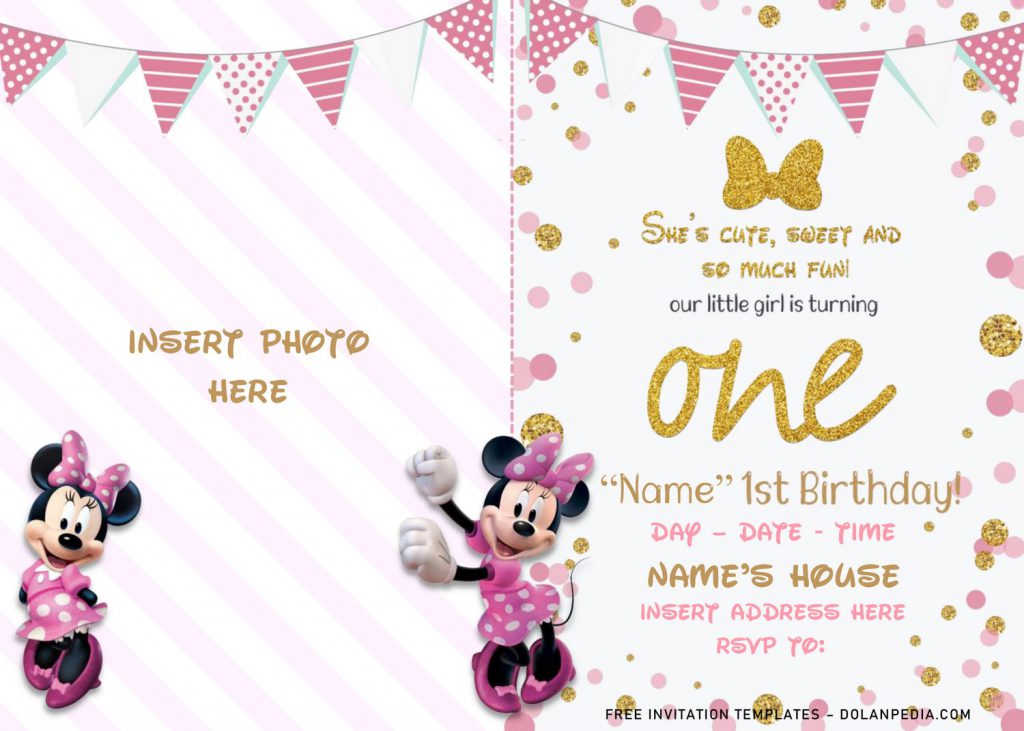 Free Sparkling Gold Glitter Minnie Mouse Birthday Invitation Templates For Word and has cute and adorable pink party garland or bunting flags