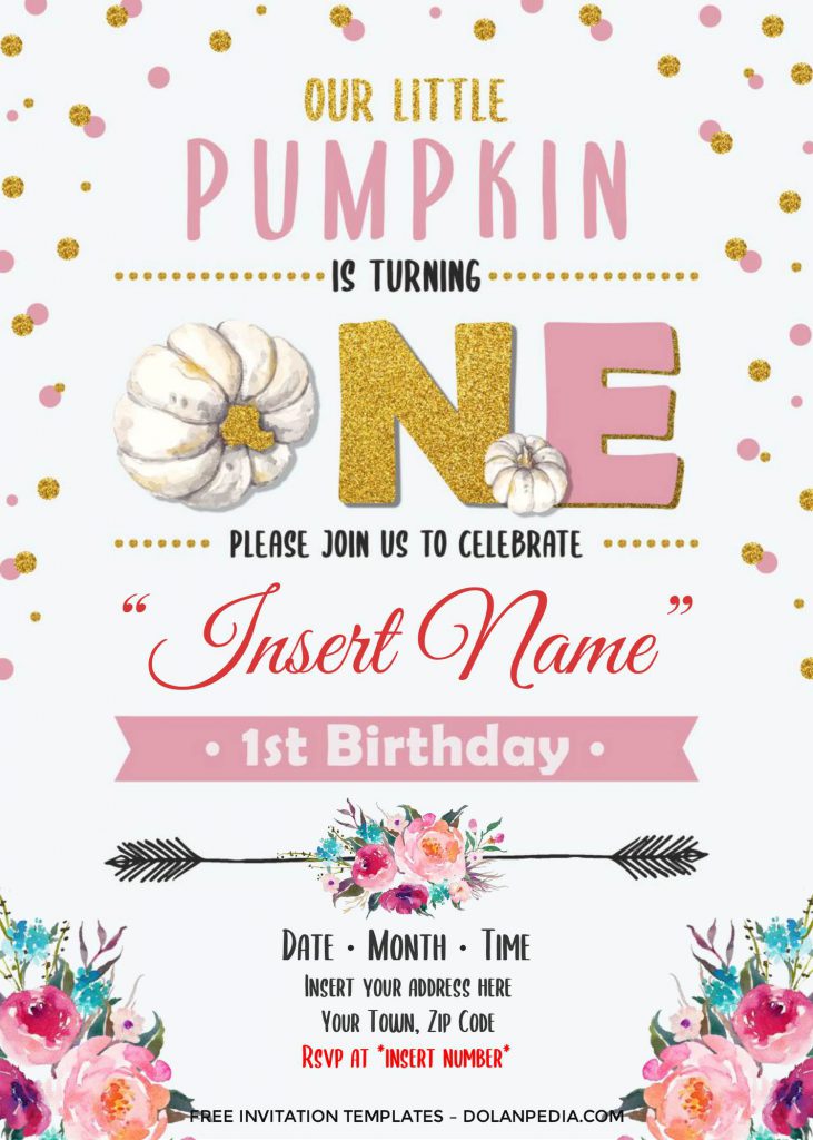 Free Pumpkin First Birthday Invitation Templates For Word and has polka dots border and solid white background