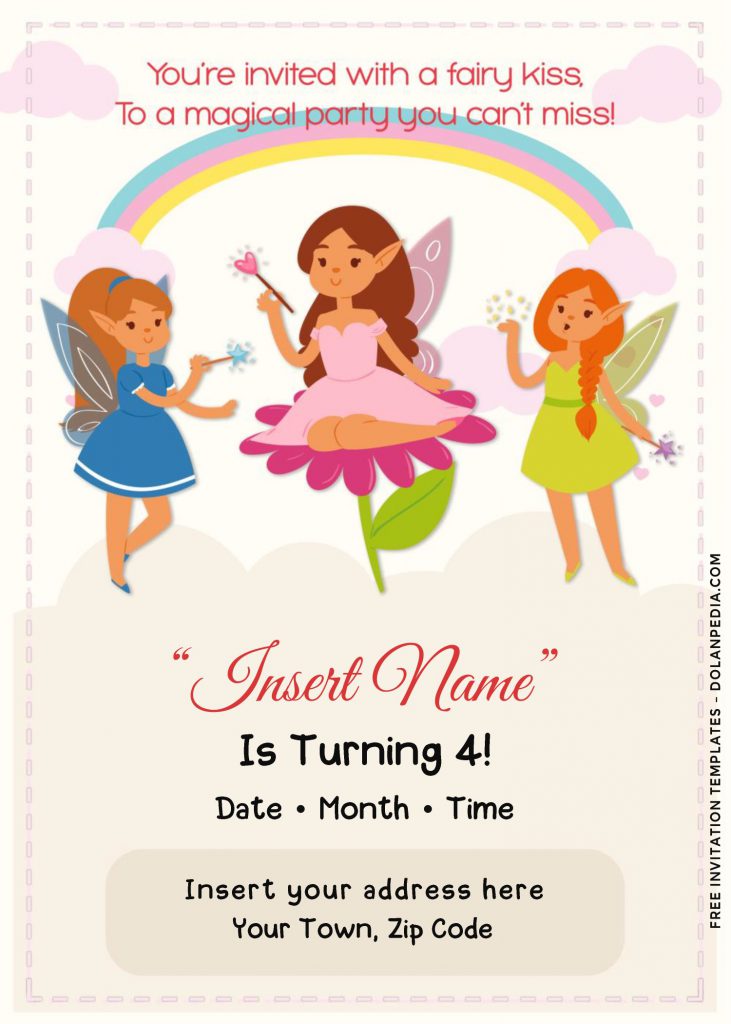 Free Rainbow Magic Fairy Birthday Invitation Templates Ford Word and has polka dots border