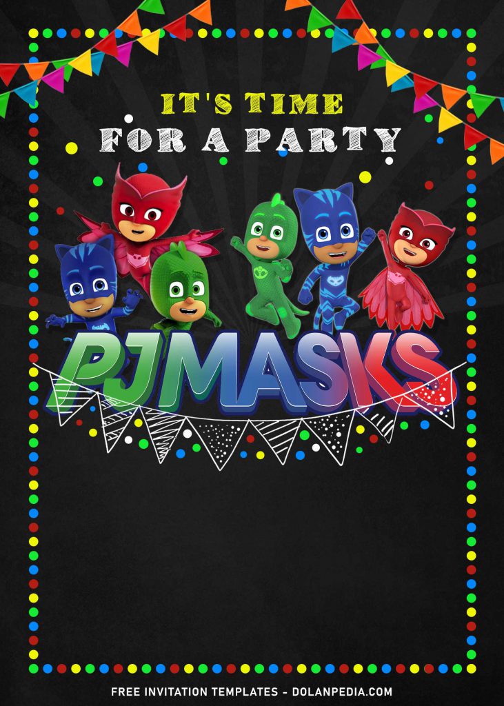 7+ Cool PJ Masks Themed Birthday Invitation Templates For Your Kid's Birthday Party and has colorful dots border