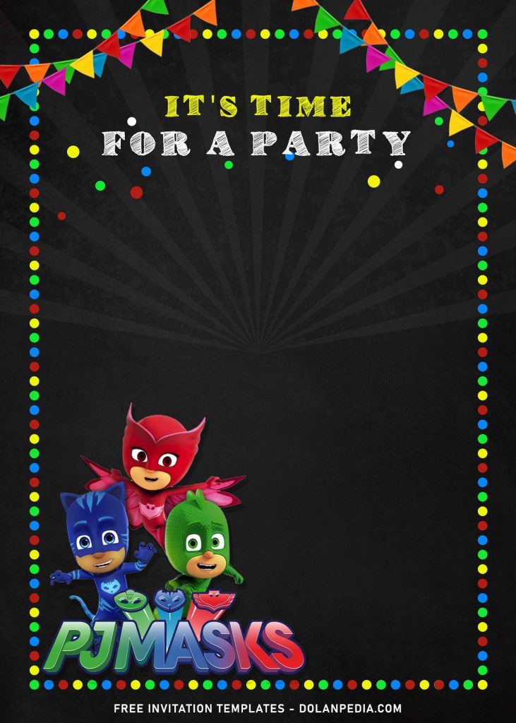 7+ Cool PJ Masks Themed Birthday Invitation Templates For Your Kid's Birthday Party and has colorful bunting flags