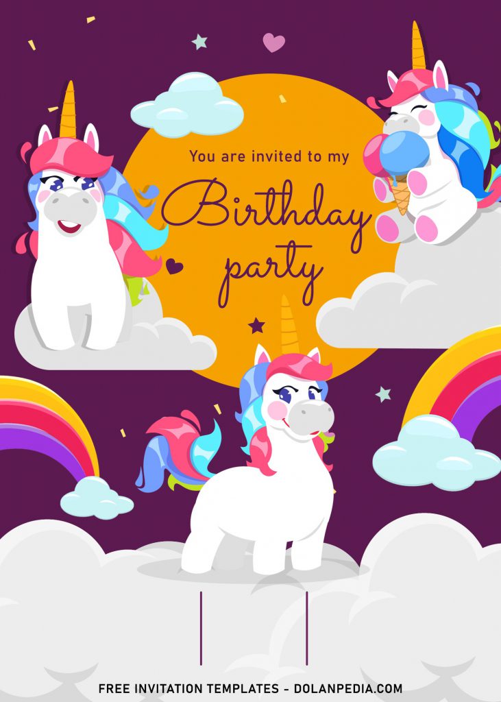 7+ Magical Rainbow Unicorn Birthday Invitation Templates For Kids Birthday Party and has White Fluffy Clouds