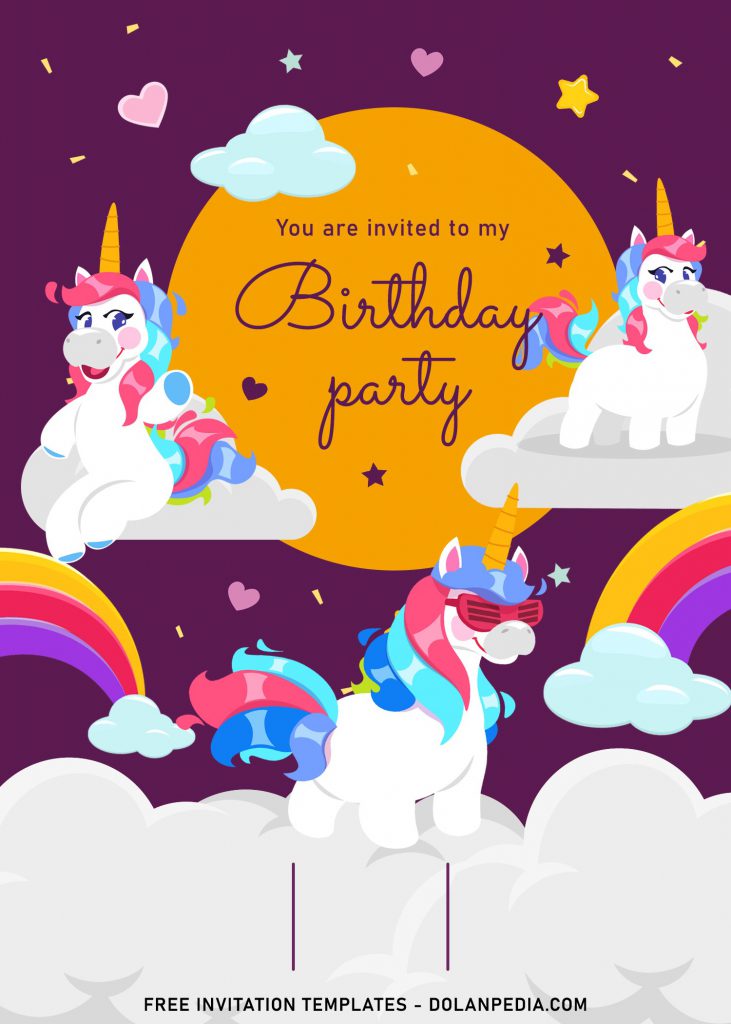 7+ Magical Rainbow Unicorn Birthday Invitation Templates For Kids Birthday Party and has Rainbow haired Unicorn