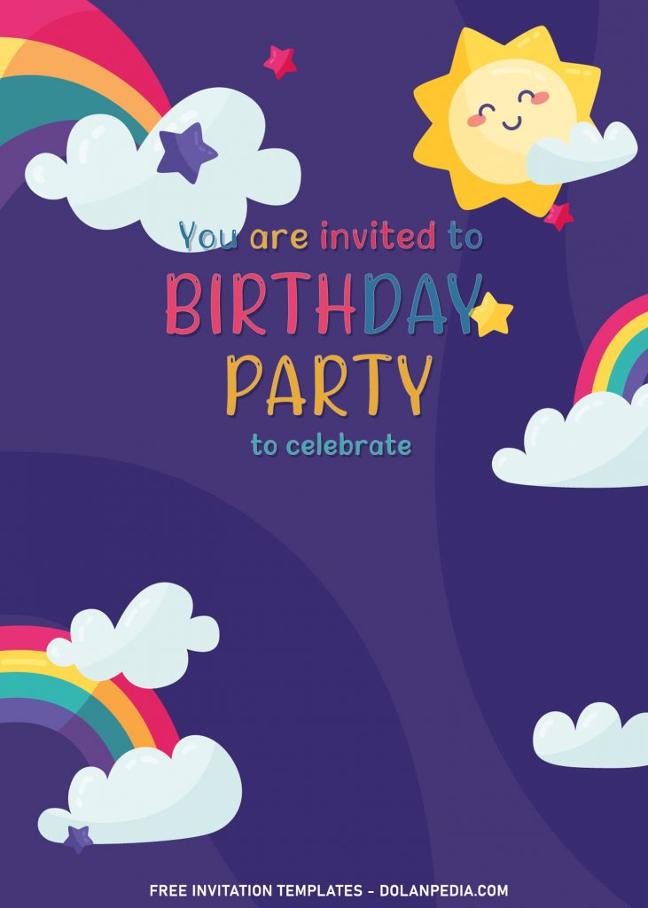 8+ Best Rainbow Party Birthday Invitation Templates For Your Kid’s Birthday Party and has White fluffy clouds