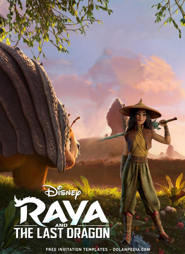 7+ Disney Raya Birthday Invitation Templates With Sisu And Tuk Tuk and has Raya holding her sword