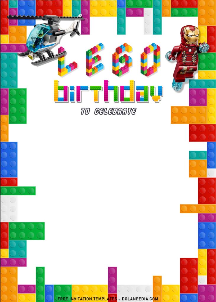 9+ Lego Birthday Invitation Templates For Kids Birthday Party with Lego Helicopter and Iron Man