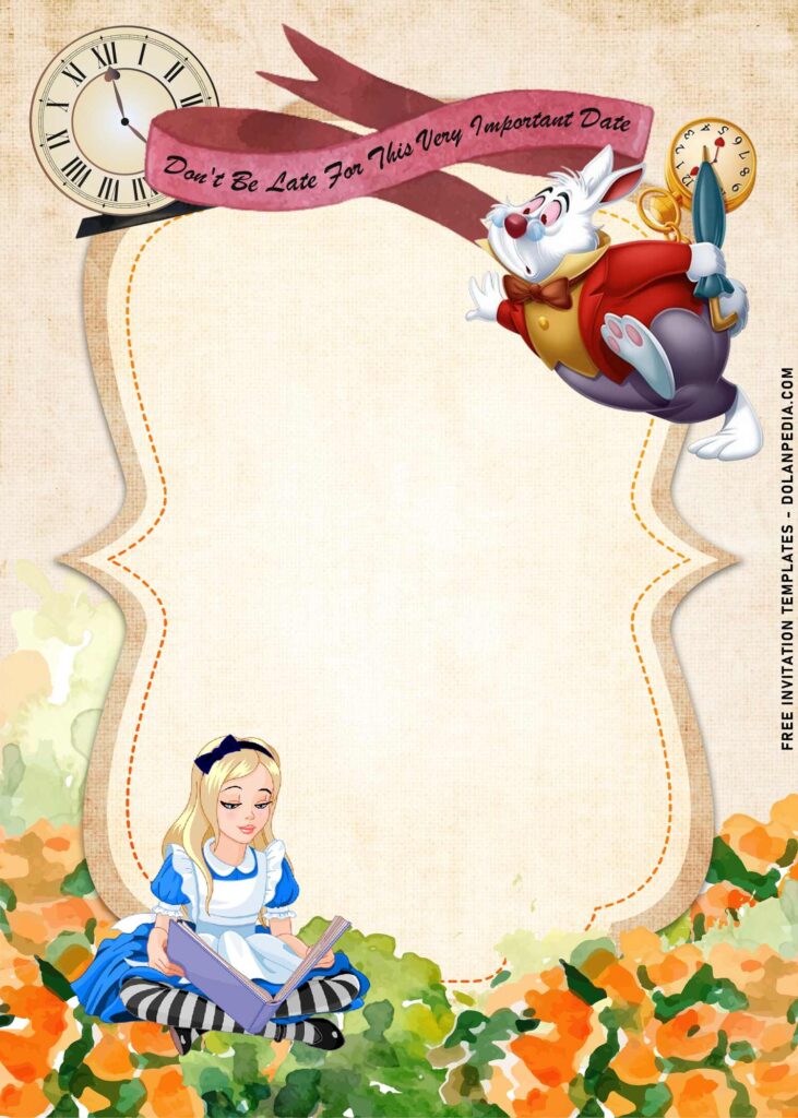 8+ Watercolor Alice In Wonderland Birthday Invitation Templates with Cute White Rabbit and Watercolor Pink Ribbon