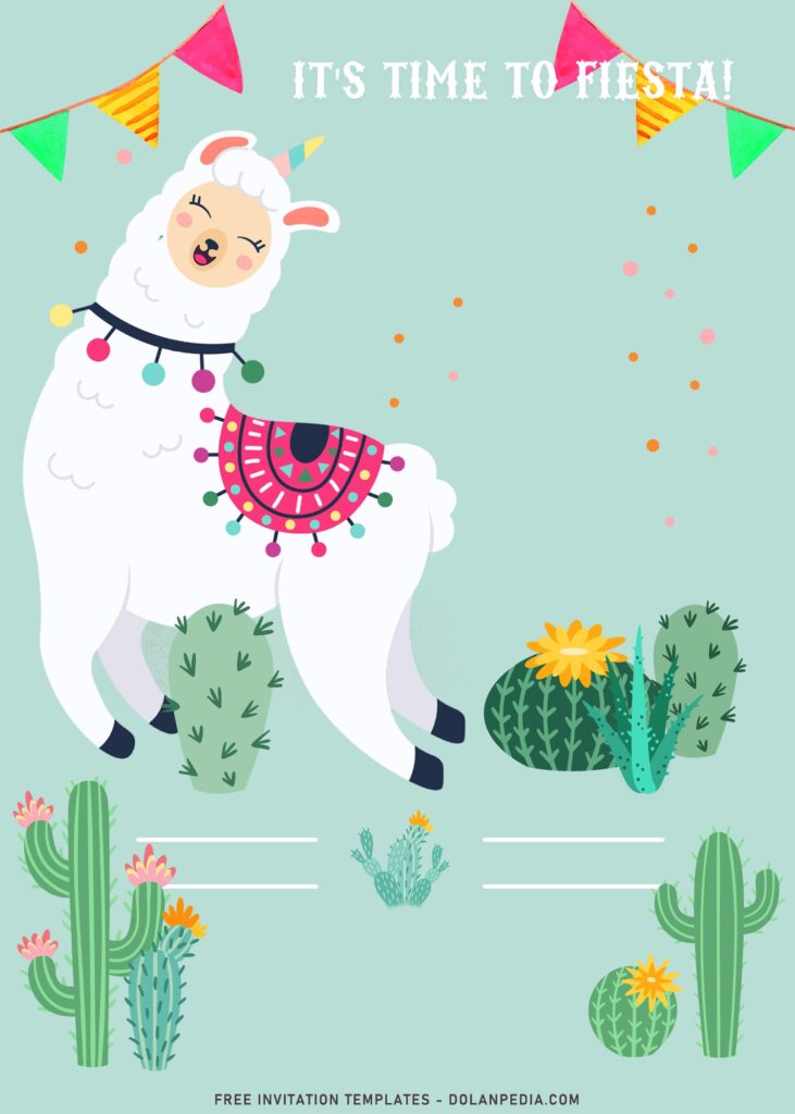 9+ Adorable Llama Birthday Invitation Templates For Your Birthday Girls with Cute Jumping Llama and Fiesta Cactus Background