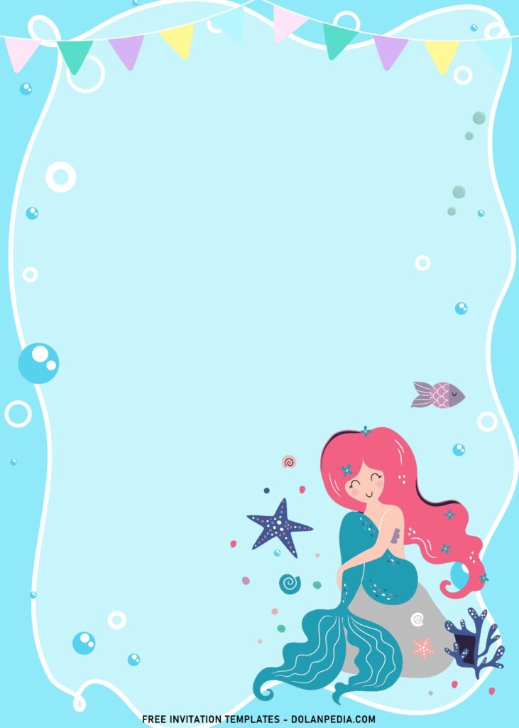 9+ Colorful Mermaid And Friends Birthday Invitation Templates with Watercolor Garland and blue background