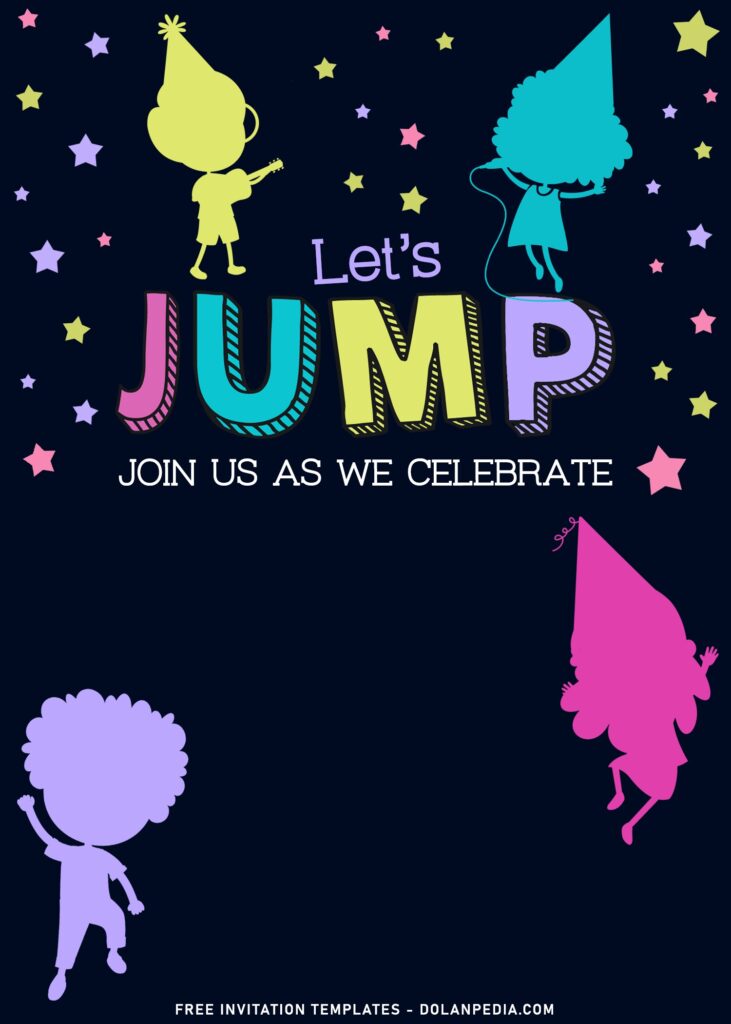 11+ Let’s Jump Party Invitation Templates For Your Kids Birthday with colorful silhouette of kids