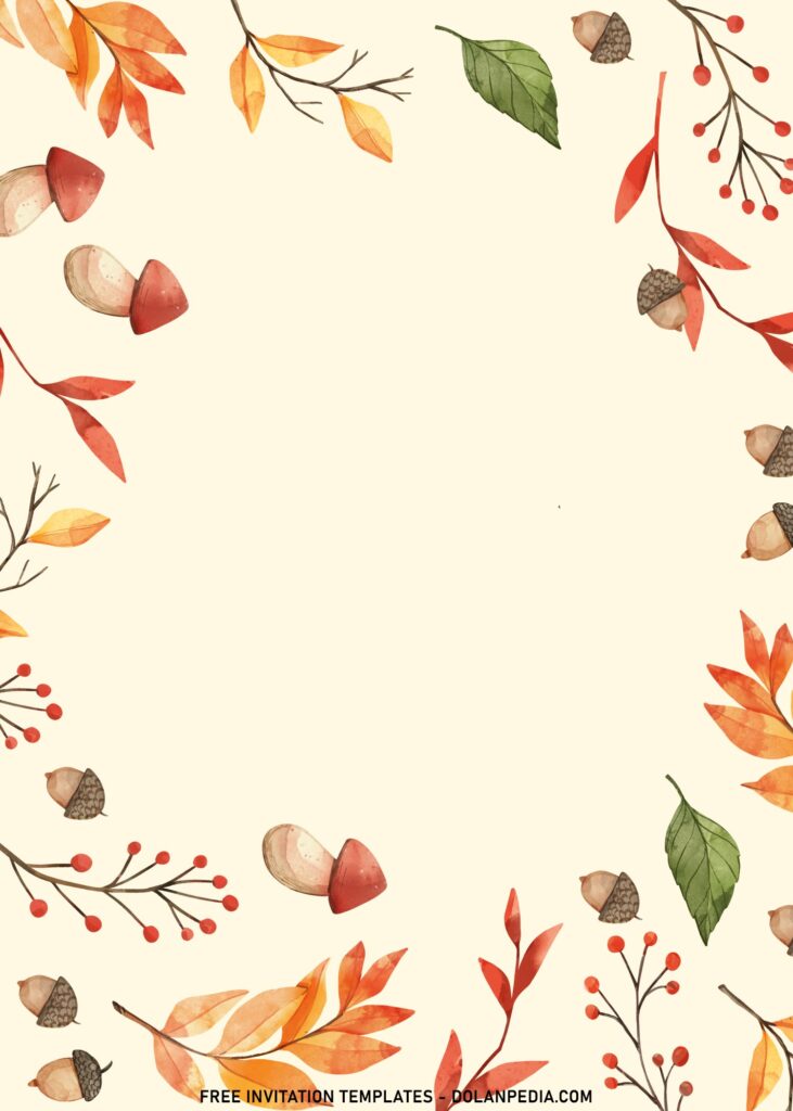 11+ Beautiful Autumn Leaves Border Birthday Invitation Templates with watercolor mushroom and walnut