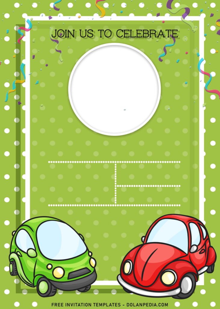 10+ Lovely Polka Dot And Cars Birthday Invitation Templates with cute VW Beetles