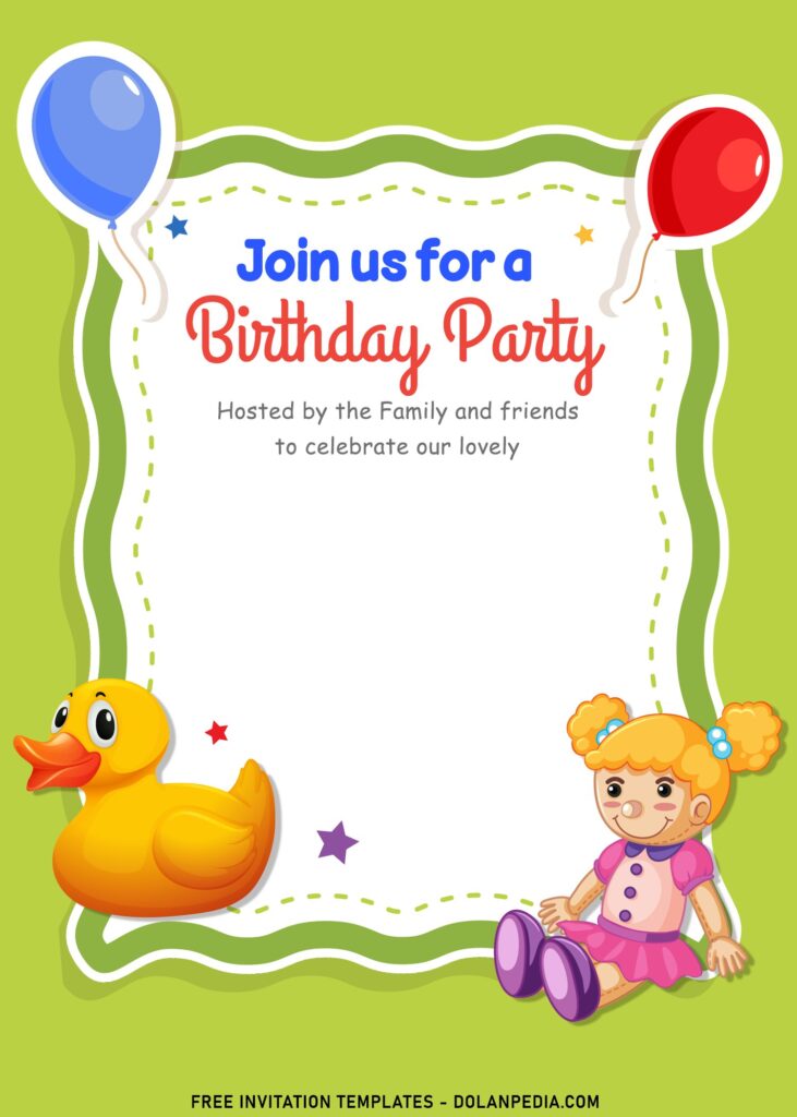 11+ Adorable Kids Toys Birthday Invitation Templates with adorable duck and doll