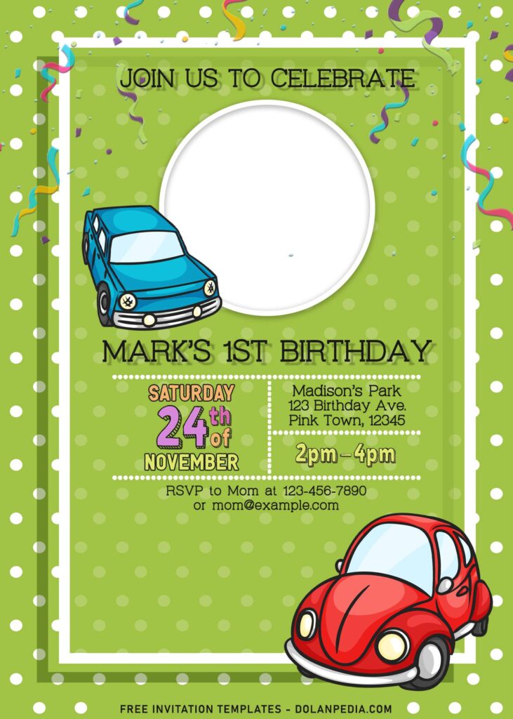 10+ Lovely Polka Dot And Cars Birthday Invitation Templates with cartoon cars