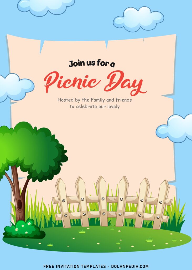 9+ Summer Picnic Day In The Park Birthday Invitation Templates with Wooden Fence and Grass
