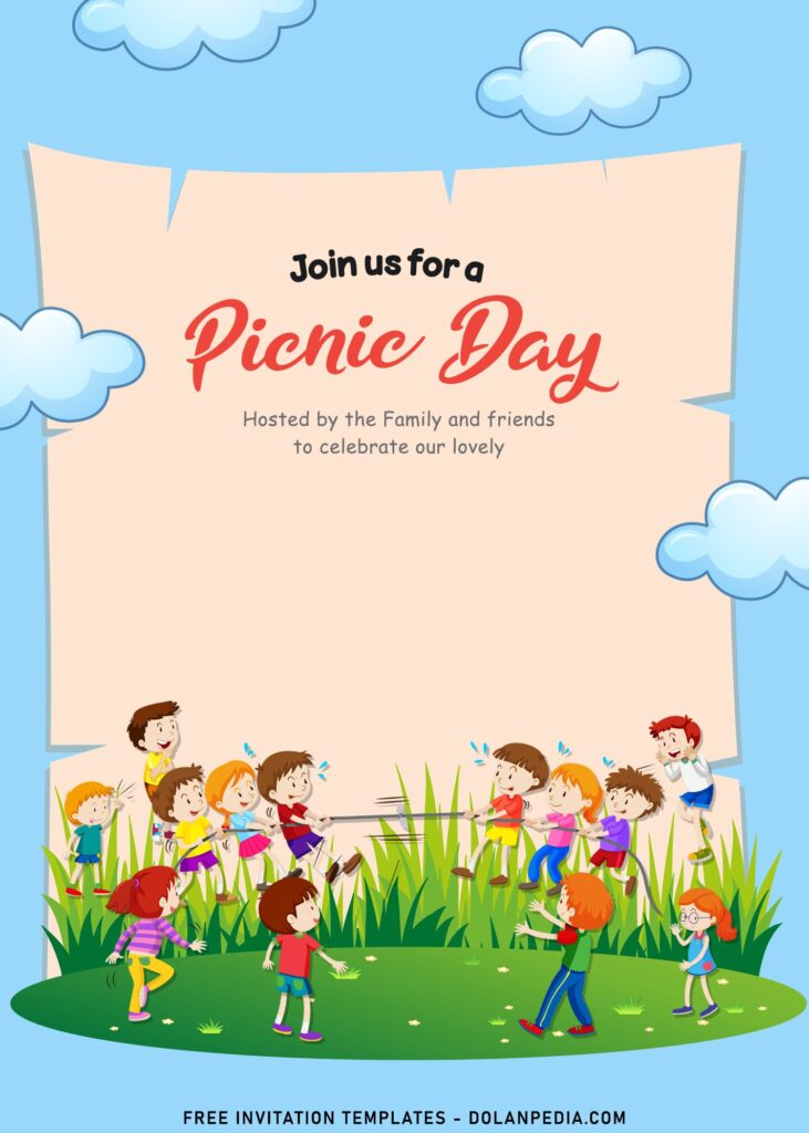 9+ Summer Picnic Day In The Park Birthday Invitation Templates with cute kids are playing tug of war
