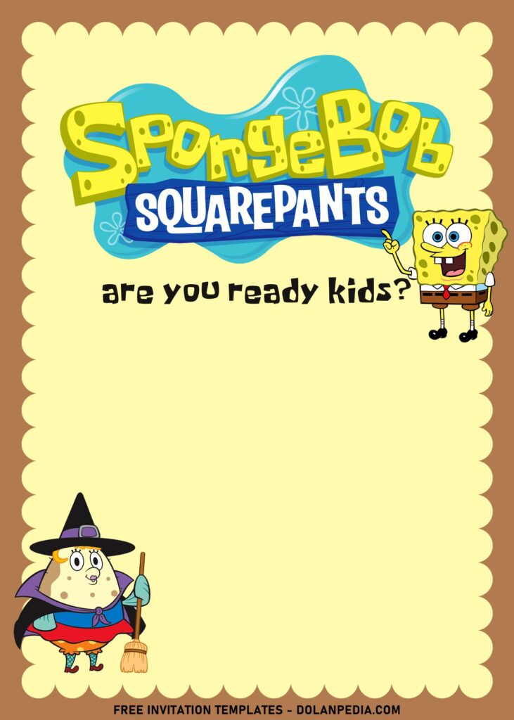 11+ Kids' Favorite SpongeBob And Friends Birthday Invitation Templates with Mrs. Puff dressed in Witch costume