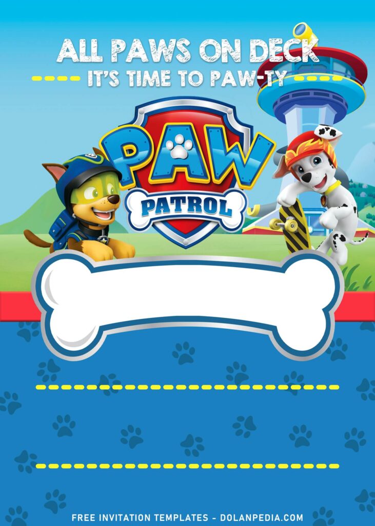 11+ Epic Puppy Power Paw Patrol Birthday Invitation Templates with Chase in next gen suits and Marshall is skateboarding
